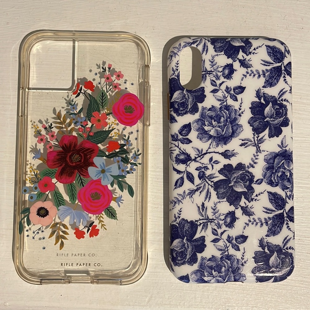 iPhone XR cases Casely blue & white roses, RPC clear  pink, blue, green flowers